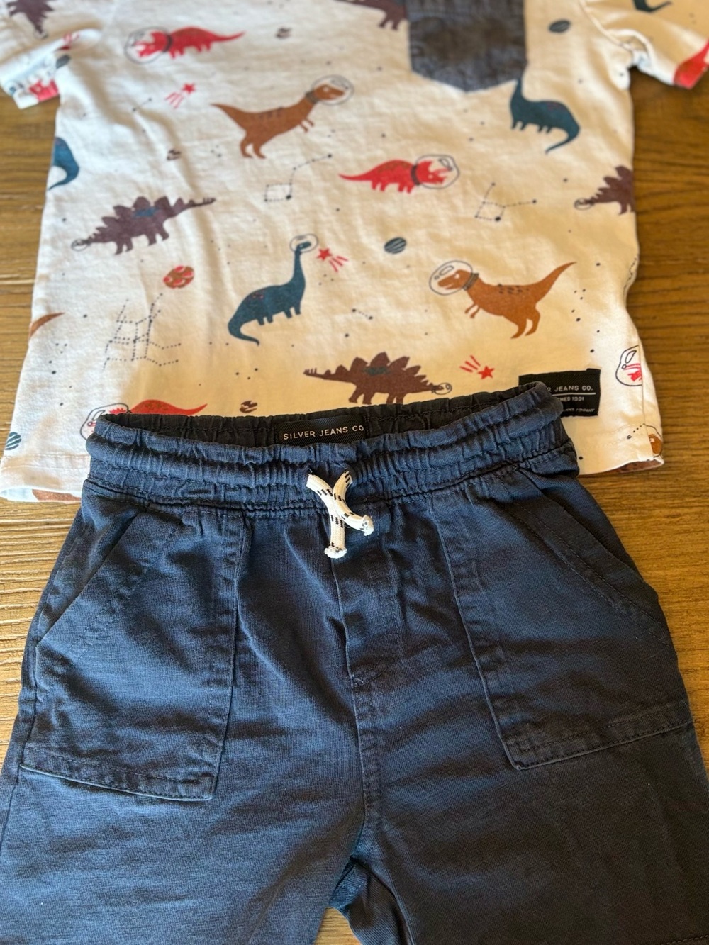 Silver Jeans Navy Drawstring Joggers with Dinosaur Tee